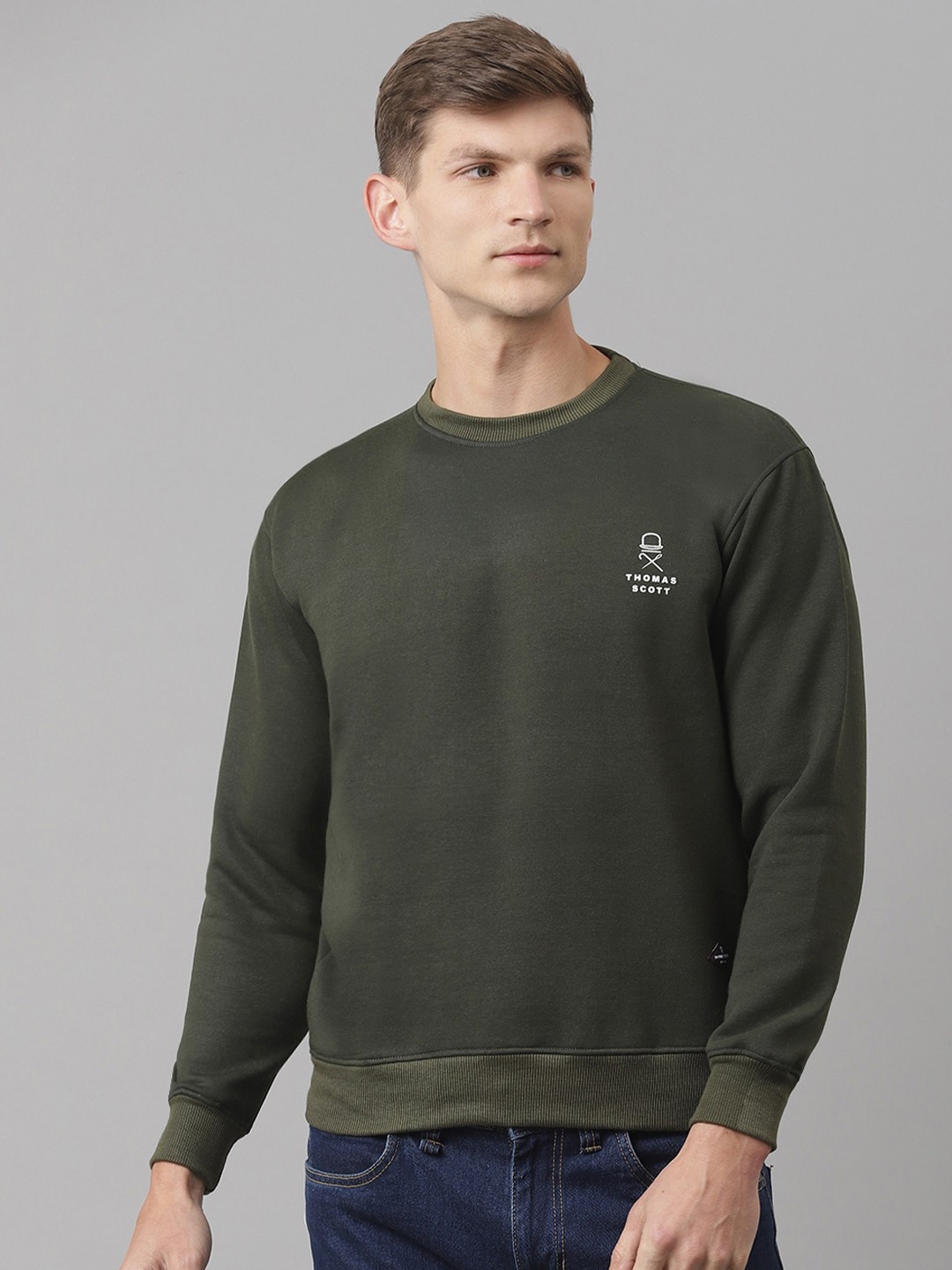 

Thomas Scott Men Olive Green Solid Round neck Sustainable Sweatshirt