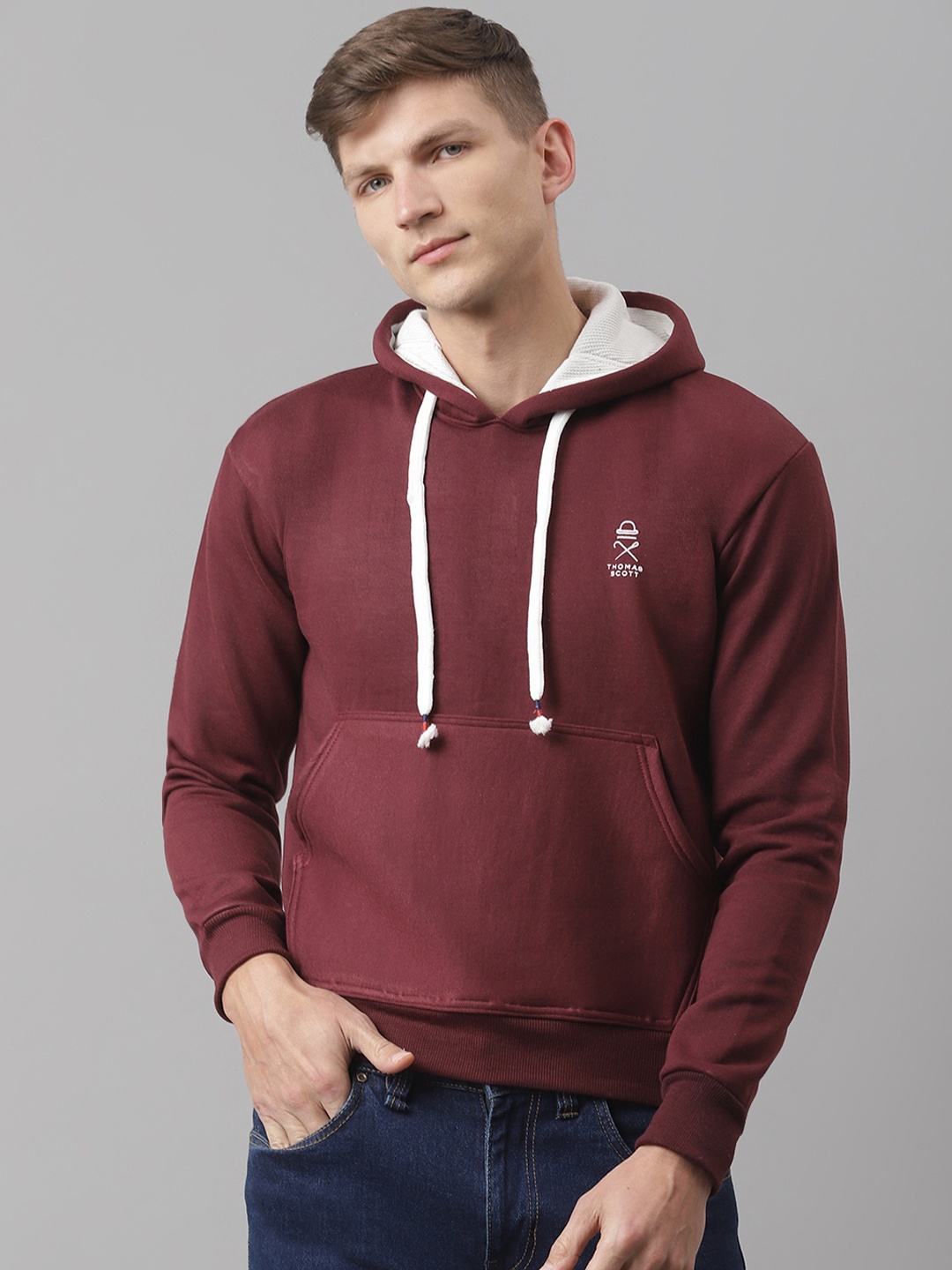 

Thomas Scott Men Maroon Solid Hooded Cotton Sustainable Sweatshirt