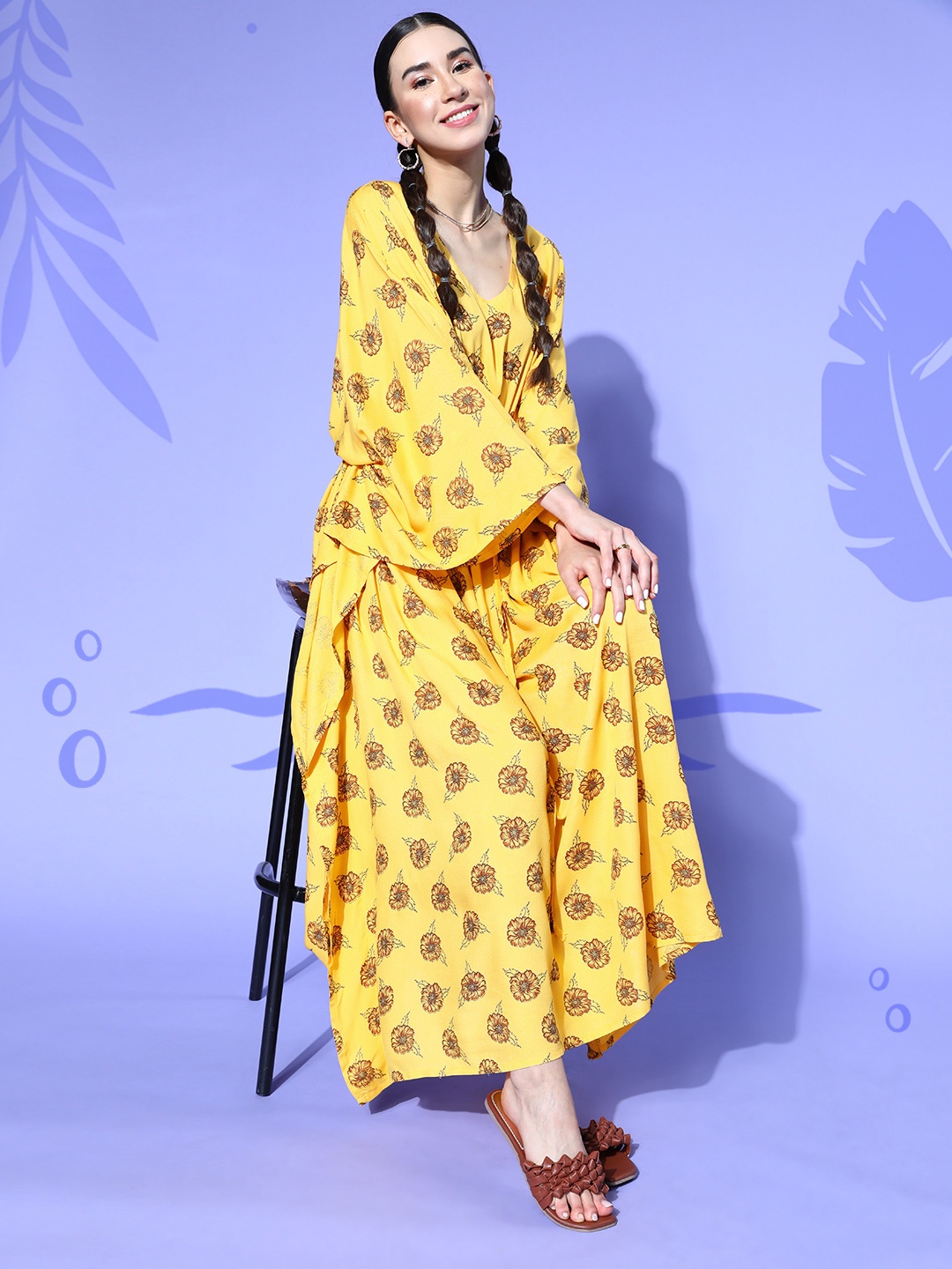 

Vemante Mustard Yellow Floral Print Kaftan Maxi Lounge Dress