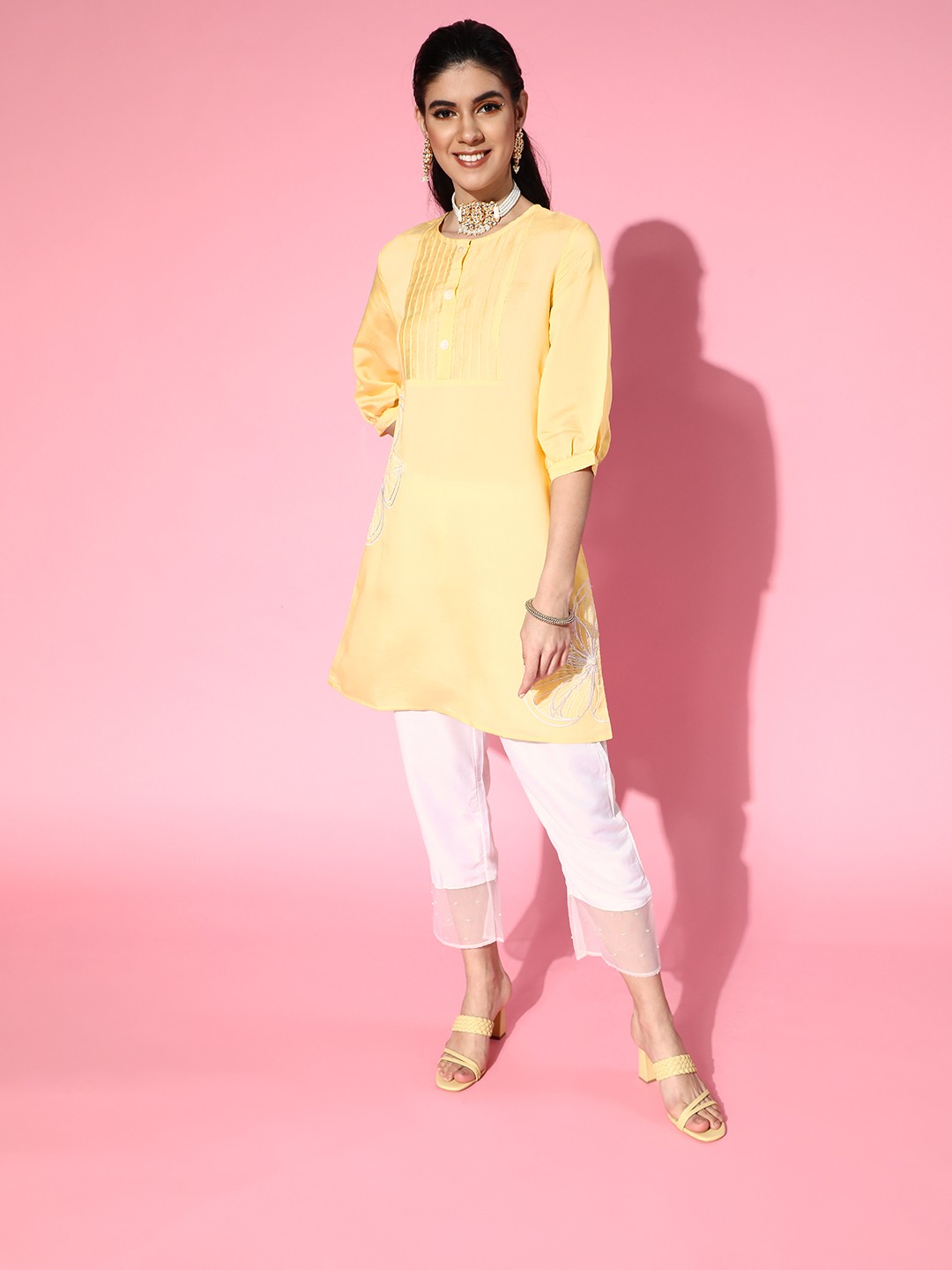 

InWeave Women Yellow Floral Embroidered Pleated Thread Work Kurta with Trousers