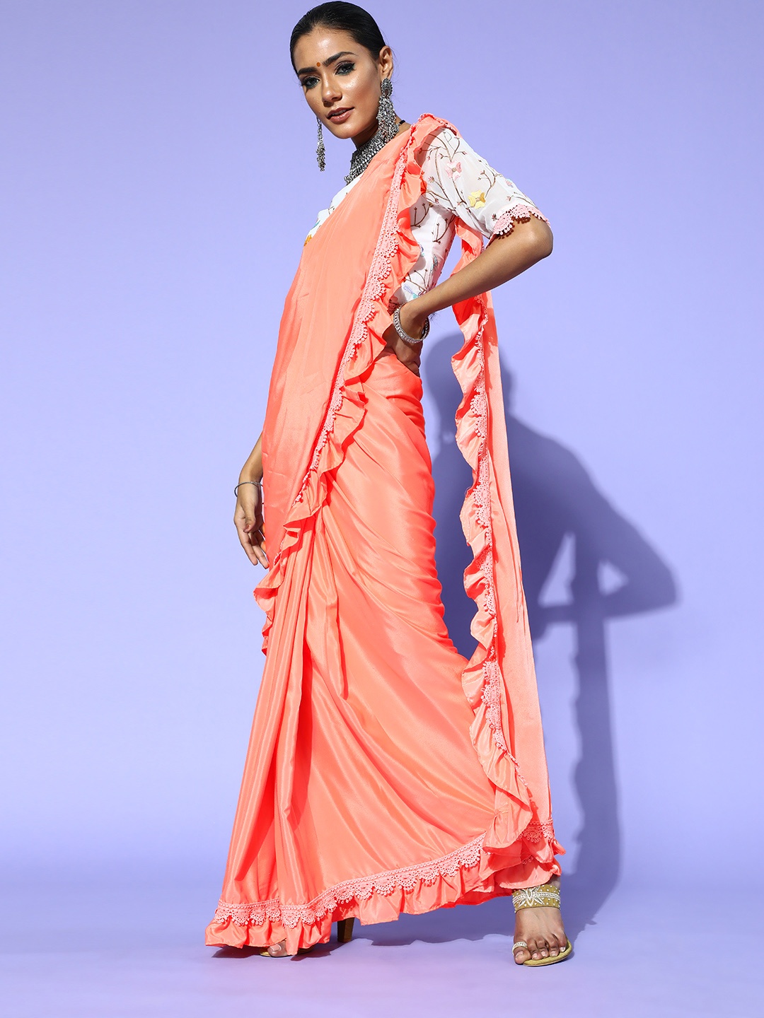 

Rang Gali Peach-Coloured Ruffled Saree with Embroidered border