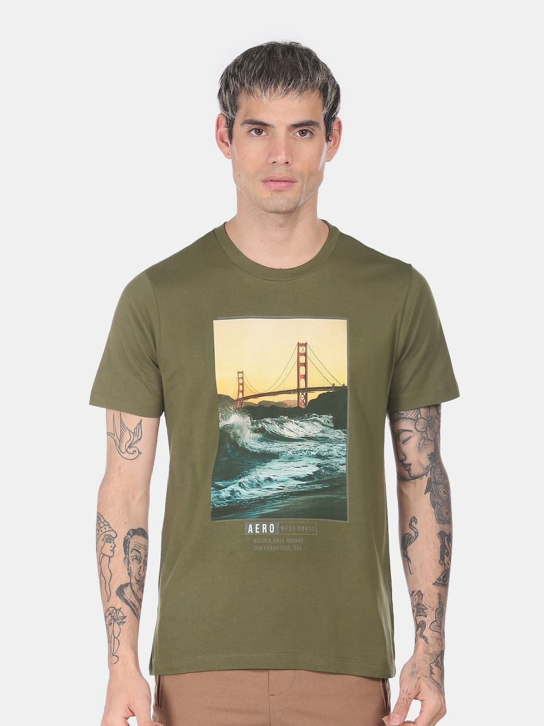 

Aeropostale Men Green Printed Cotton T-shirt