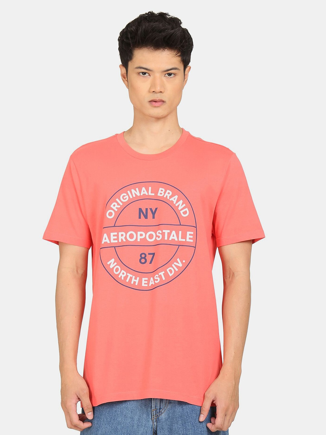 

Aeropostale Men Coral Varsity Printed Cotton T-shirt