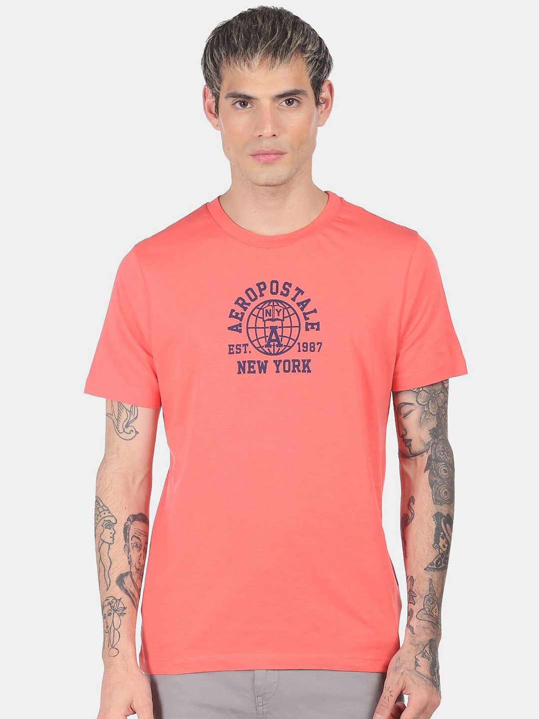 

Aeropostale Men Coral Pink Brand Logo Printed Regular Fit Pure Cotton T-shirt