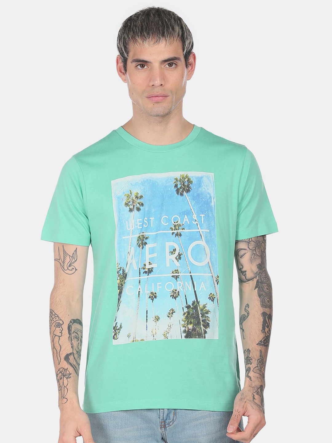 

Aeropostale Men Green & Turquoise Blue Printed Round Neck Cotton T-shirt