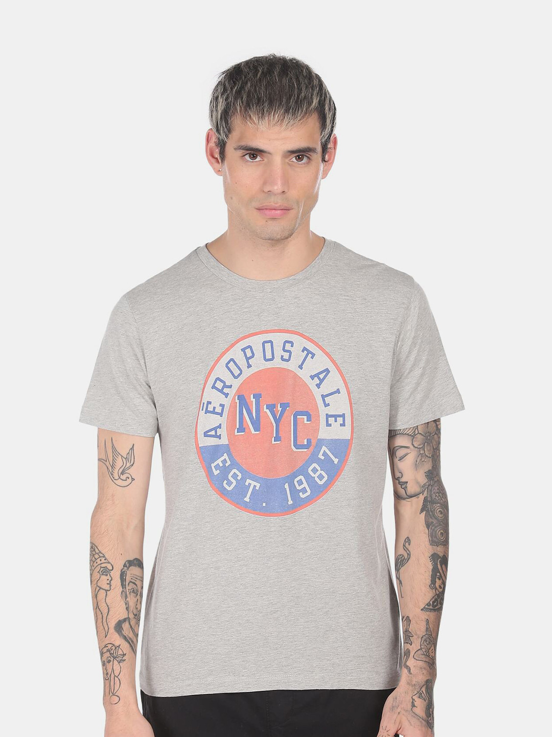 

Aeropostale Men Grey Brand Logo Printed Regular Fit T-shirt