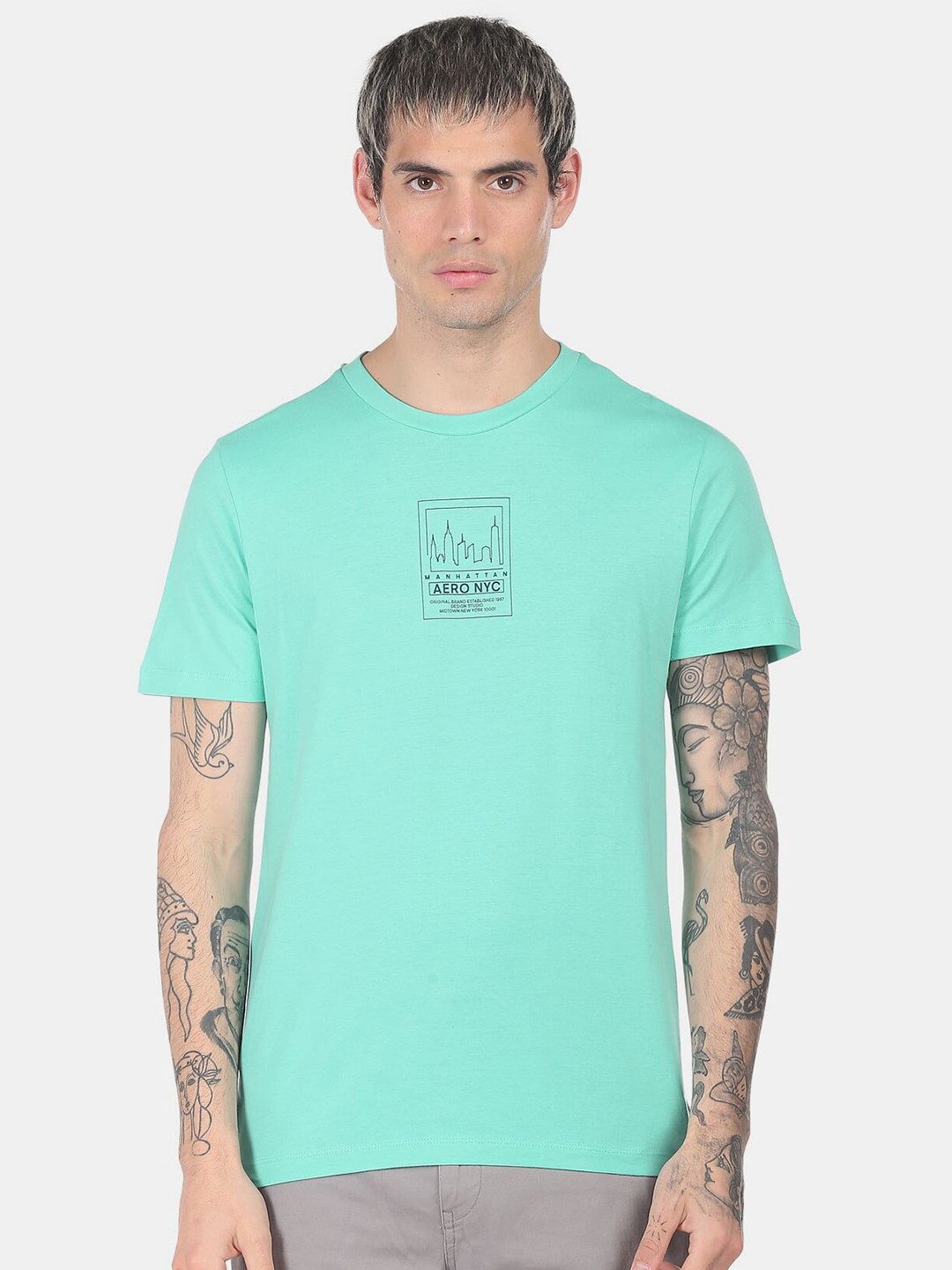 Aeropostale Men Turquoise Blue Typography Printed Applique T-shirt