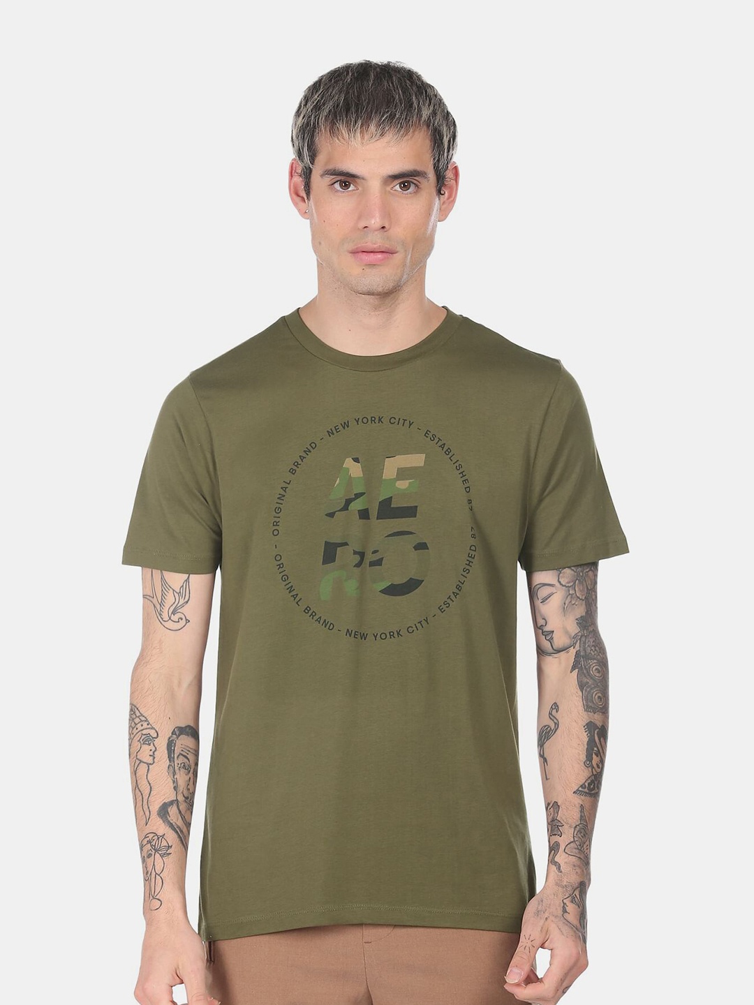 

Aeropostale Men Olive Green Cotton Printed T-shirt