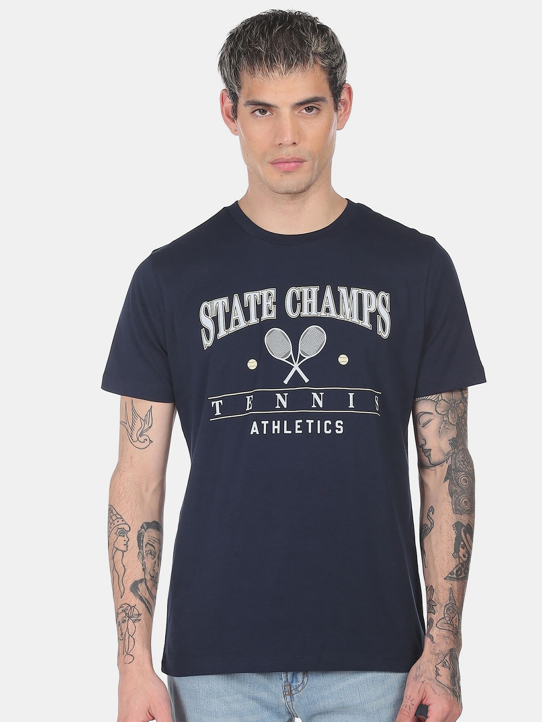 

Aeropostale Men Navy Blue Graphic Printed Pure Cotton Regular Fit T-shirt
