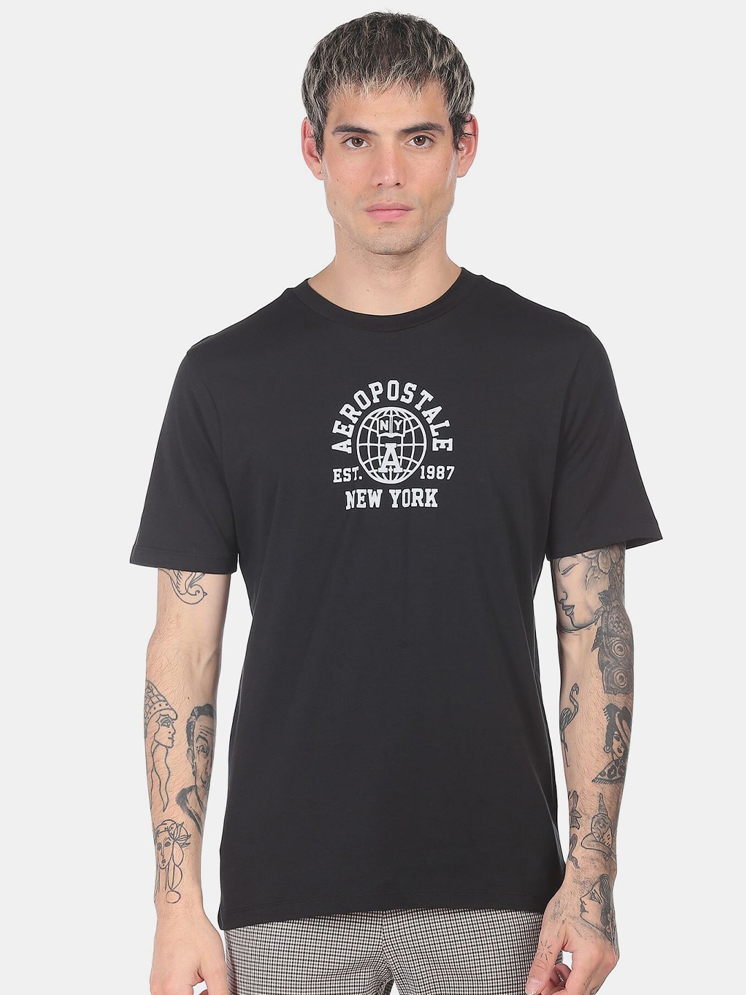 

Aeropostale Men Black Brand Logo Printed Cotton T-shirt