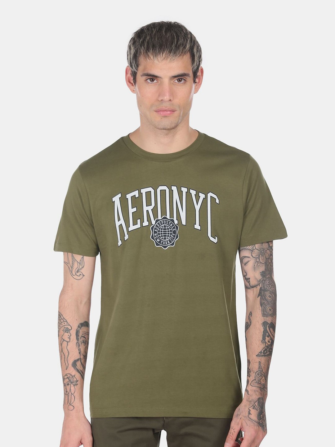 

Aeropostale Men Olive & White Printed Round Neck Cotton T-shirt
