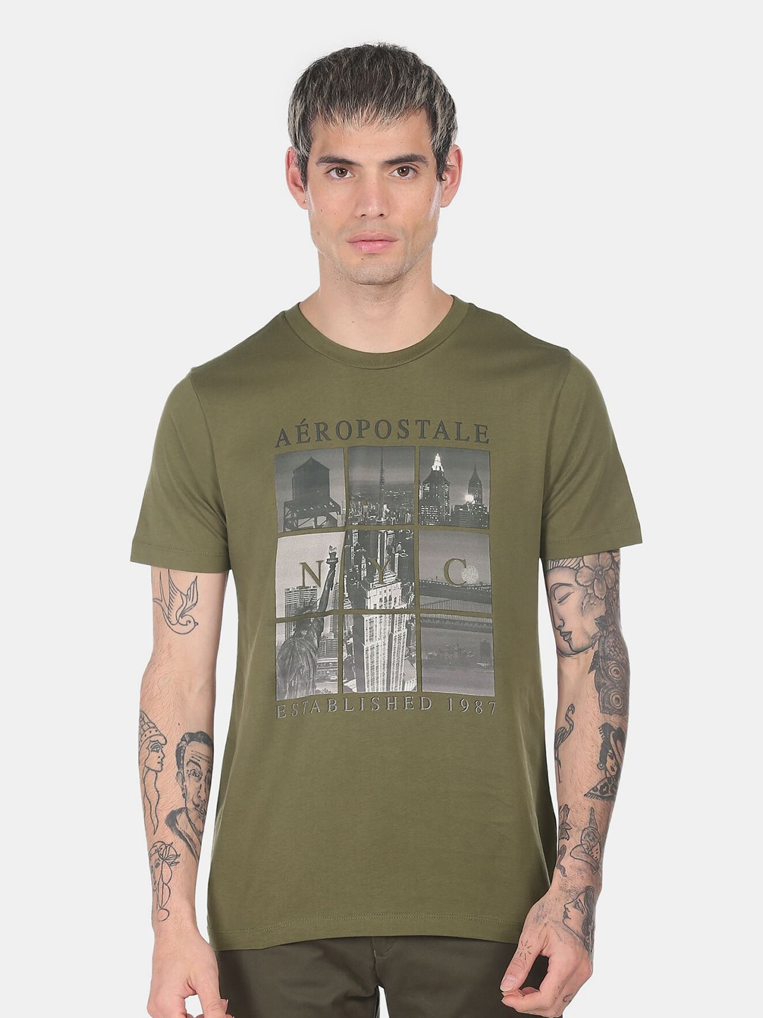 

Aeropostale Men Olive & Grey Printed Cotton Round Neck T-shirt