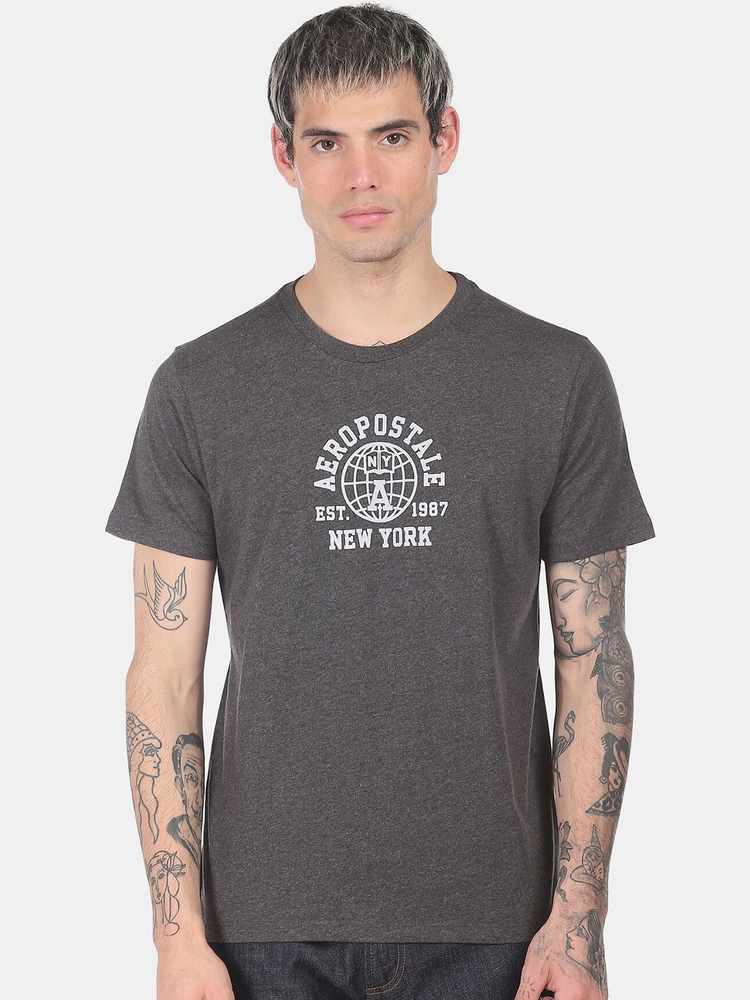 

Aeropostale Men Charcoal Grey Printed Regular Fit T-shirt