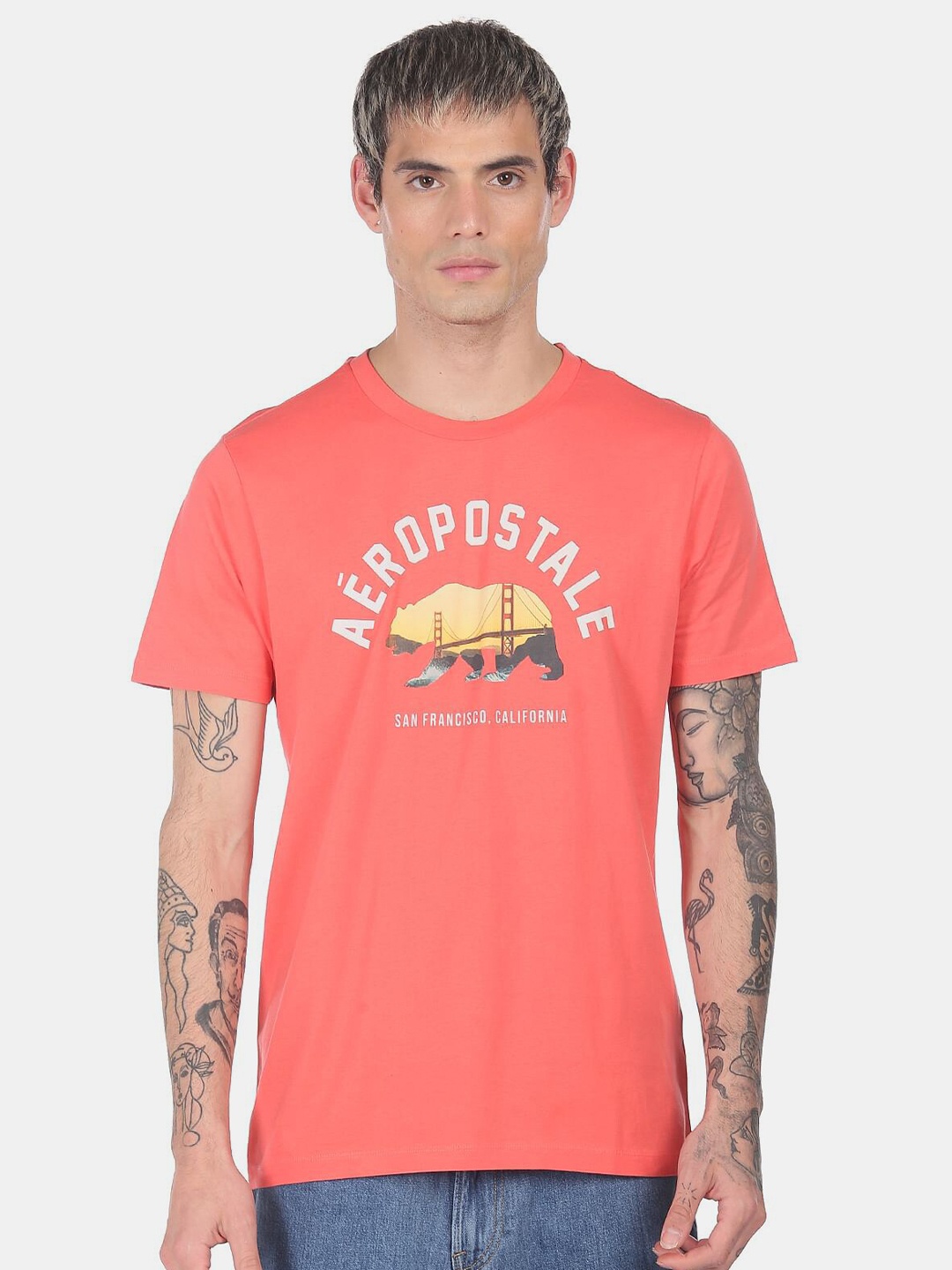 

Aeropostale Men Coral Typography Printed Applique T-shirt