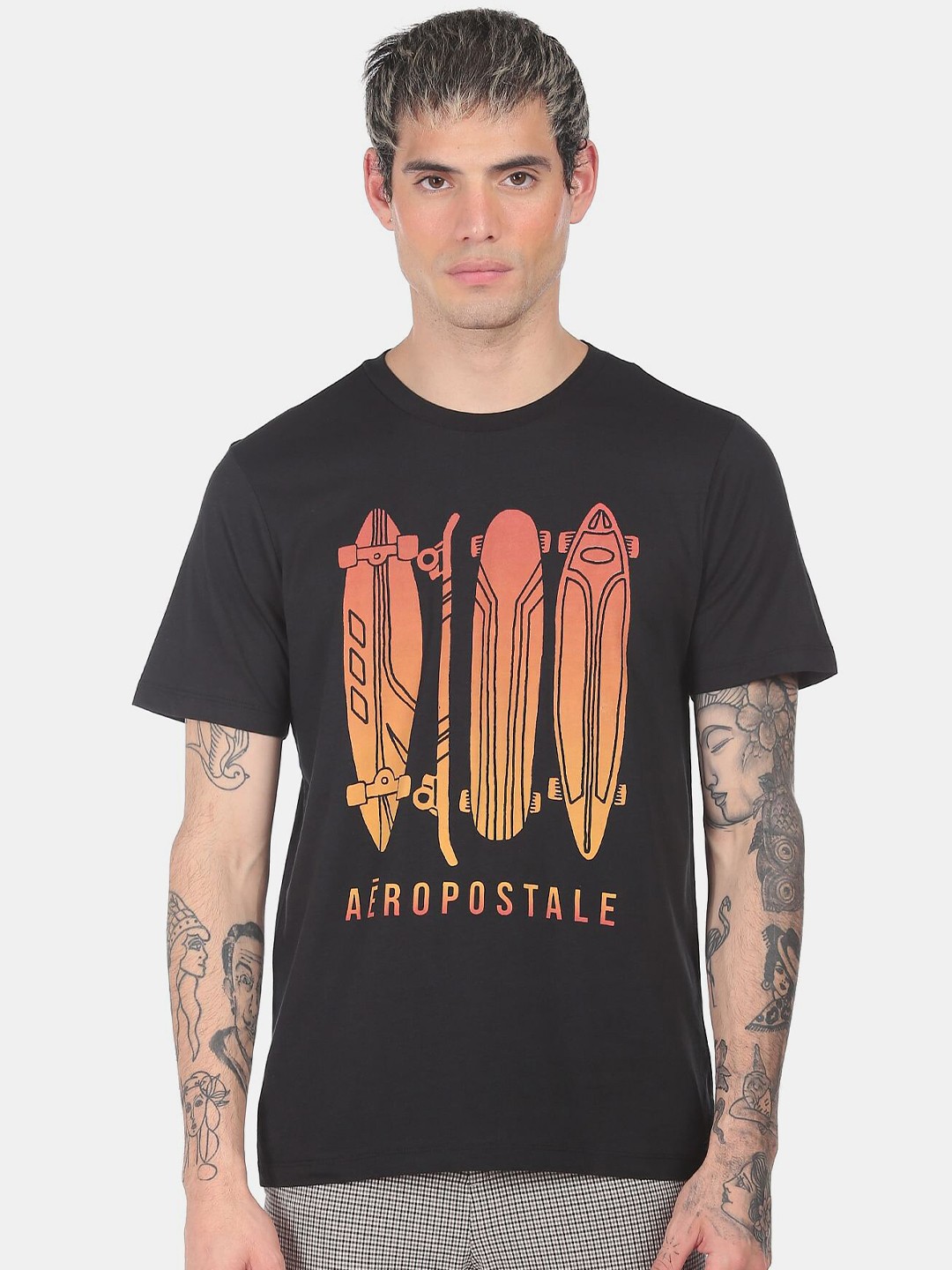 

Aeropostale Men Black & Orange Printed T-shirt