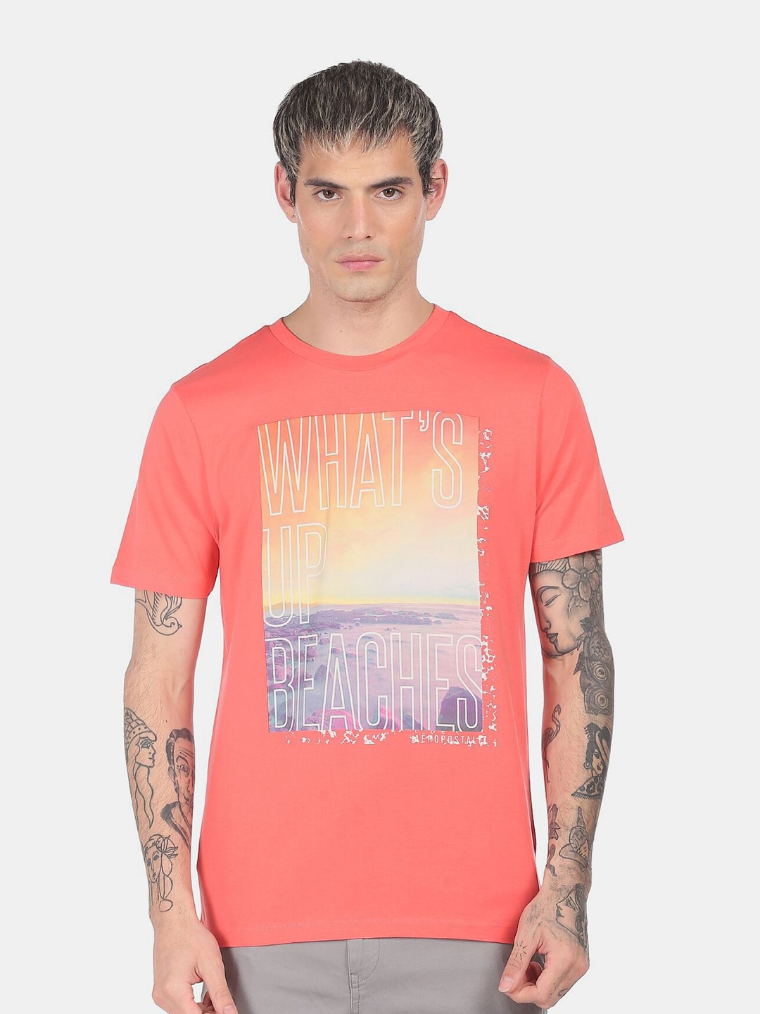 

Aeropostale Men Orange Graphic Printed Cotton Regular Fit T-shirt
