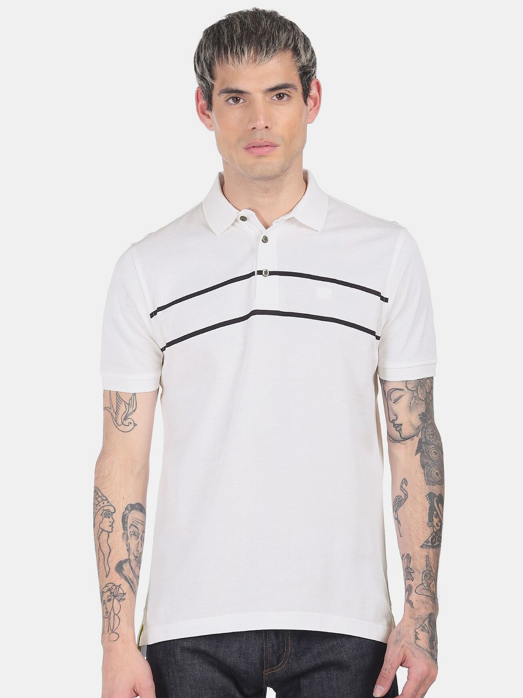 

Arrow Men White & Black Striped Polo Collar T-shirt