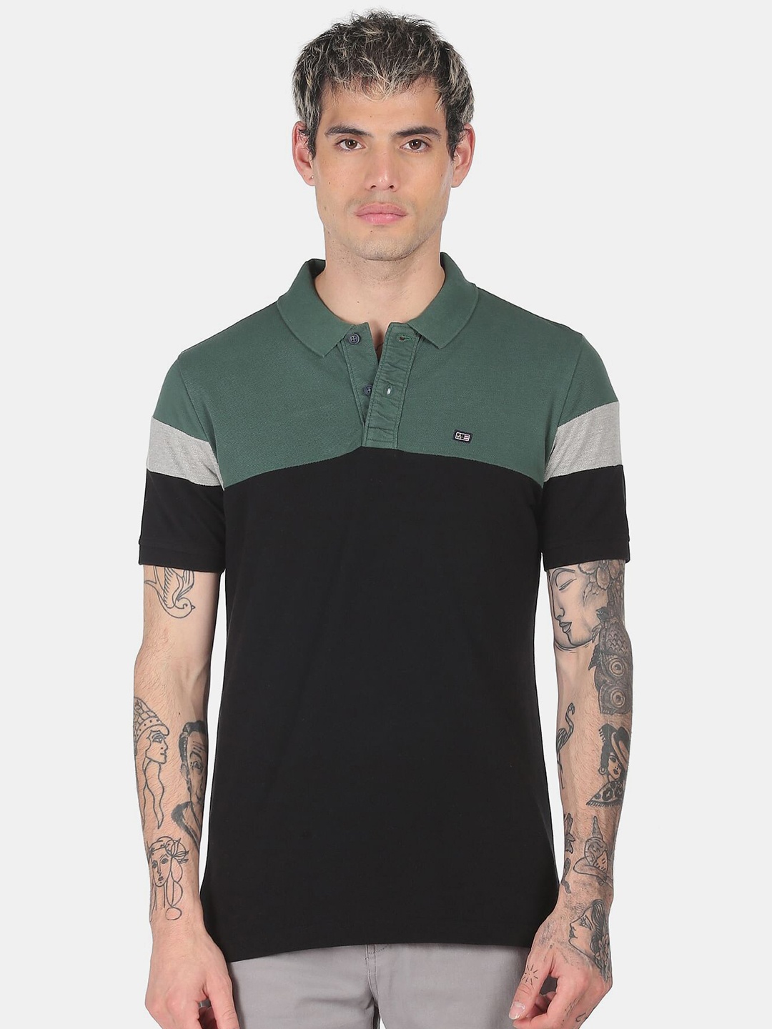 

Arrow Men Black & Green Colourblocked Cotton Polo Collar T-shirt