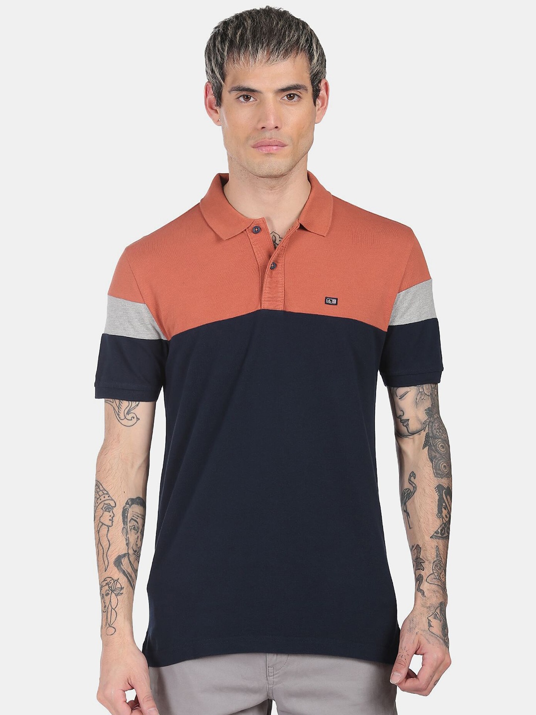 

Arrow Men Navy Blue & Rust Colourblocked Polo Collar T-shirt