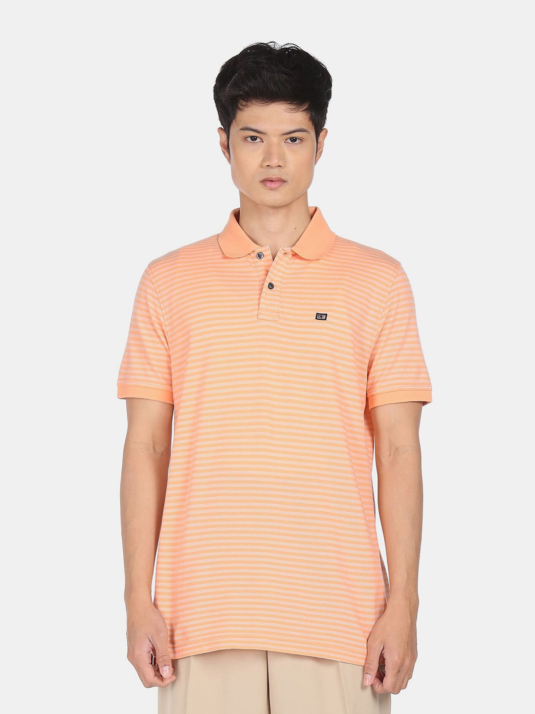 

Arrow Men Orange Striped Polo Collar T-shirt