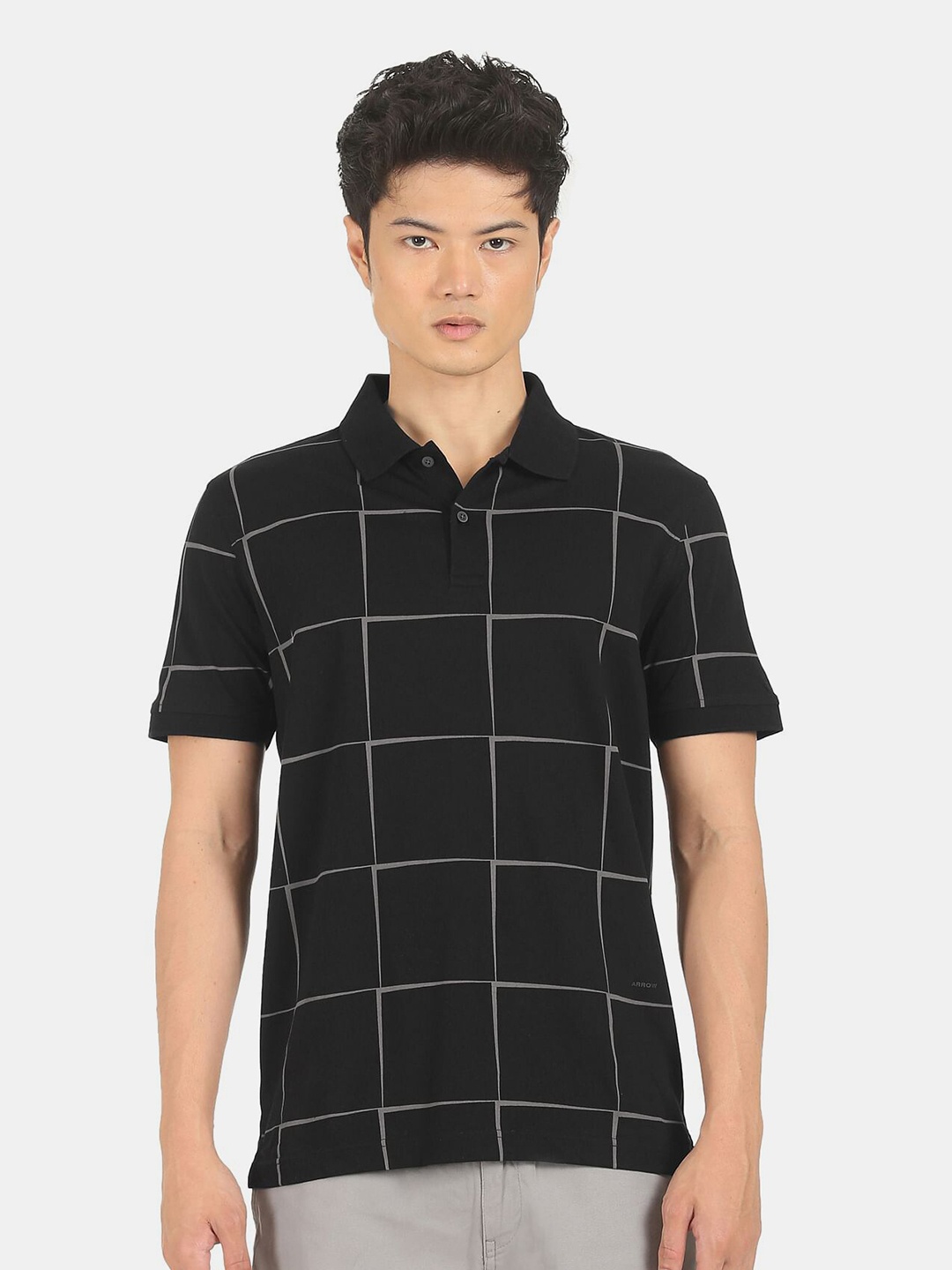 

Arrow New York Men Black & Grey Checked Polo Collar T-shirt