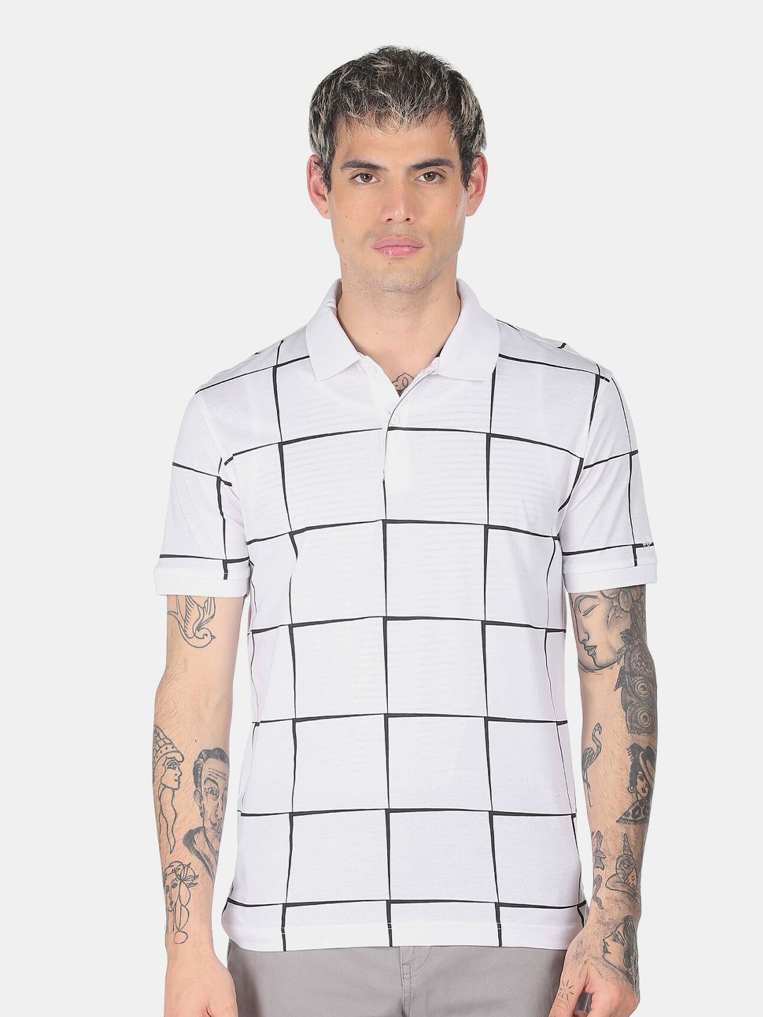 

Arrow New York Men White & Black Checked Polo Collar Pure Cotton T-shirt