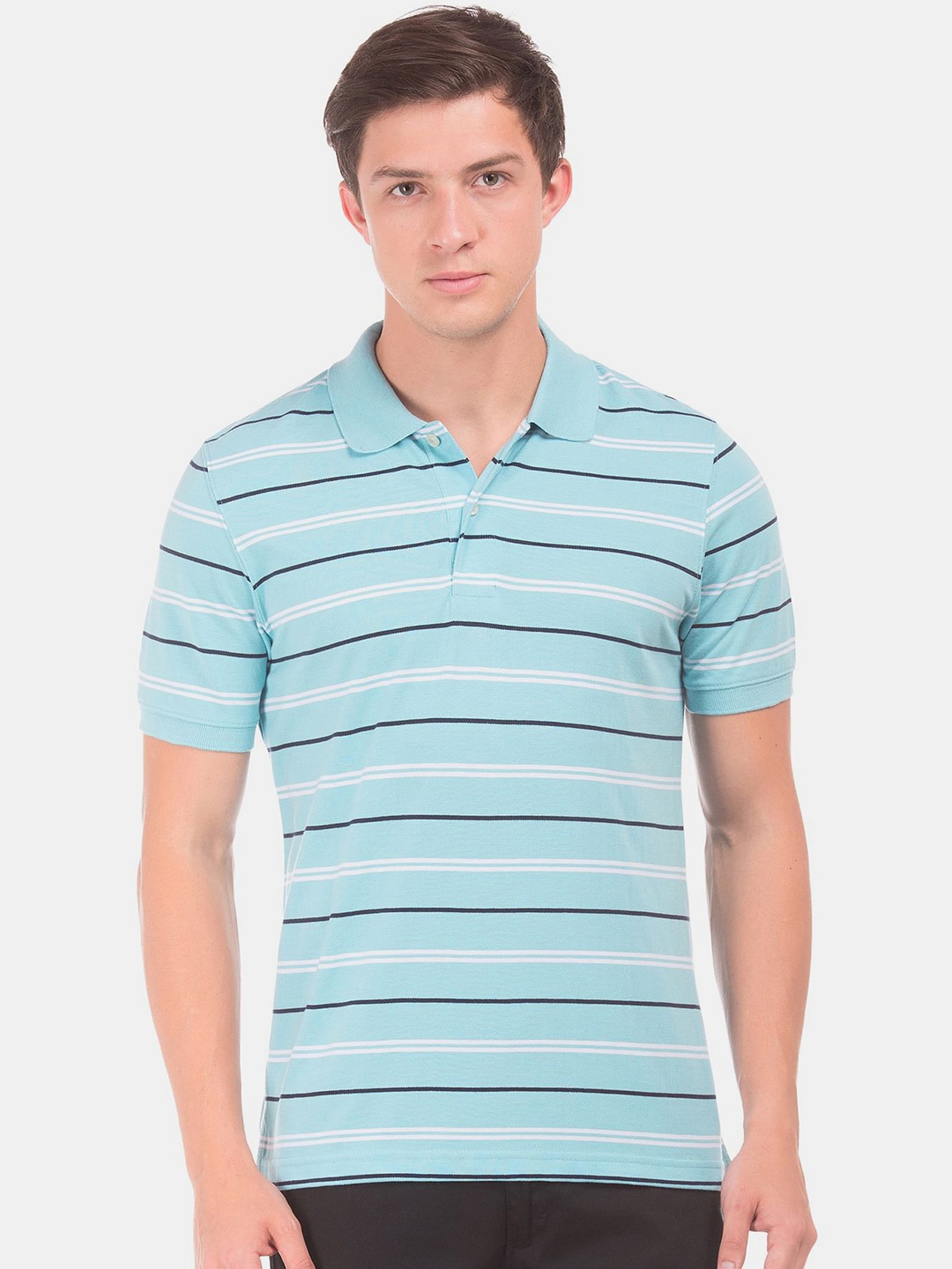 

Ruggers Men Blue & White Striped Cotton Polo Collar T-shirt