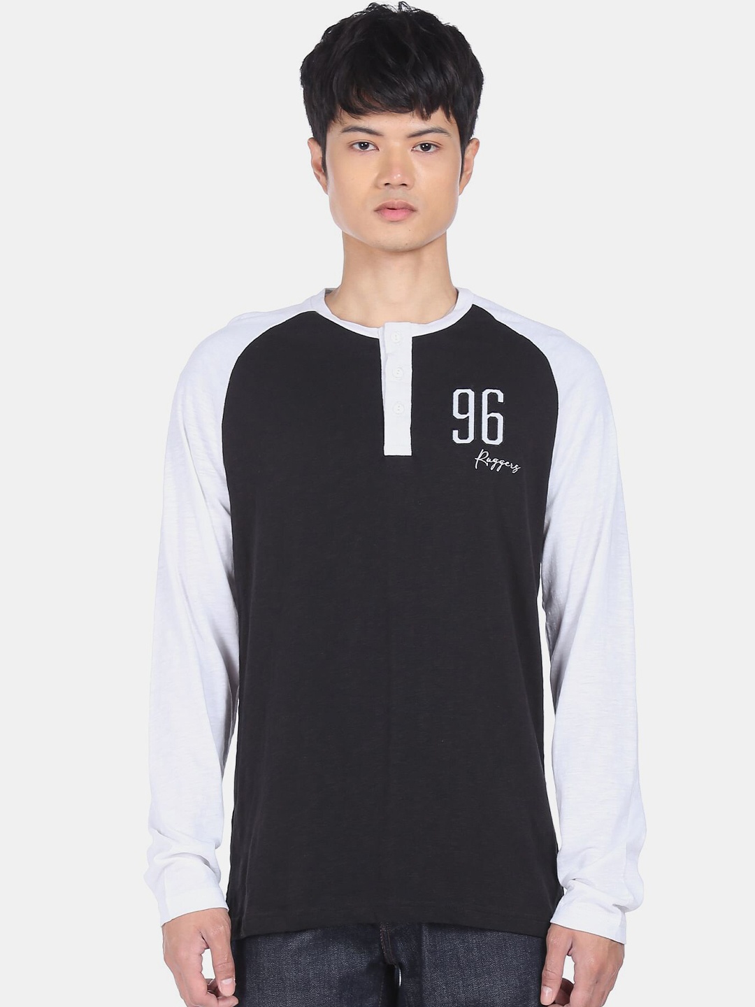 

Ruggers Men Black & White Colourblocked Henley Neck Cotton T-shirt