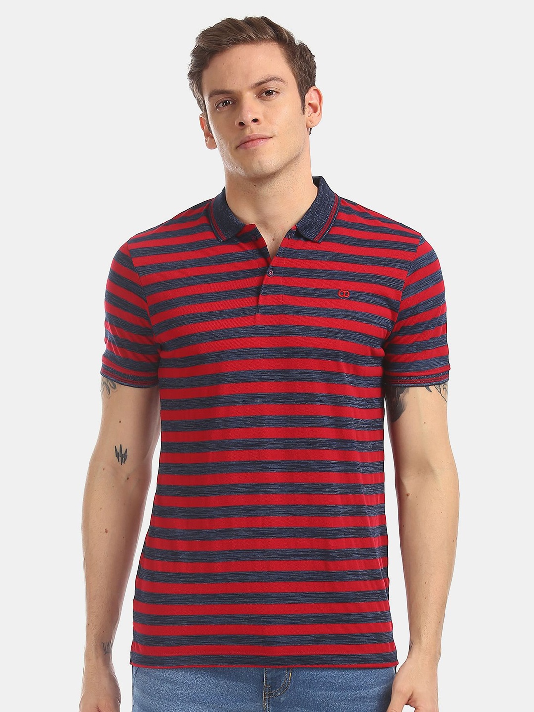 

Ruggers Men Red & Navy Blue Striped Polo Collar T-shirt