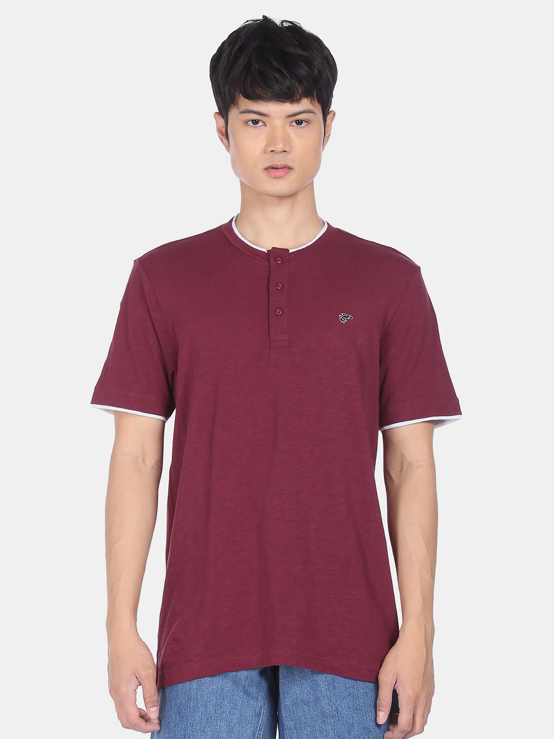 

Ruggers Men Maroon Henley Neck Cotton T-shirt