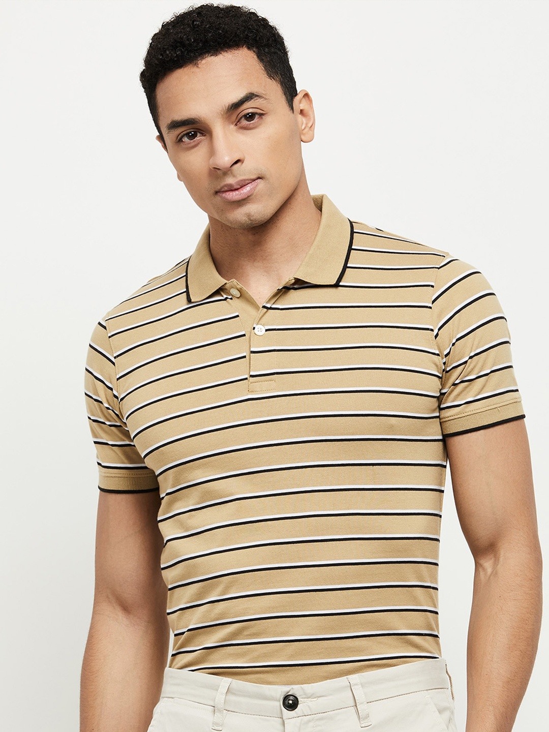 

max Men Khaki & Black Striped Polo Collar T-shirt