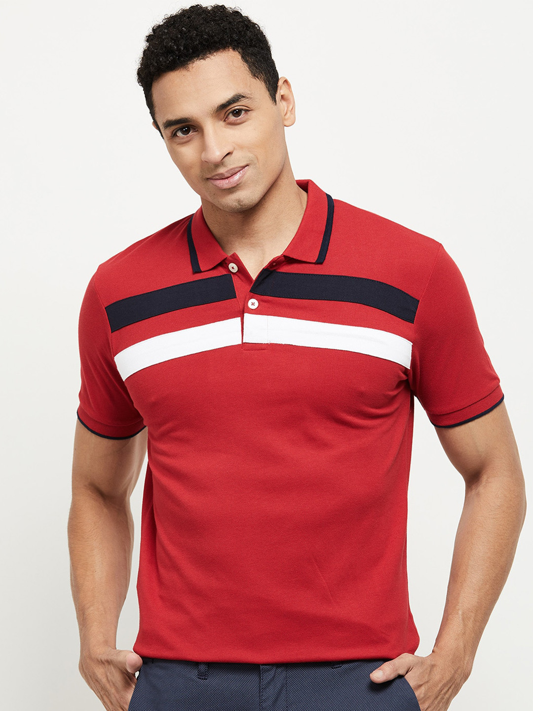 

max Men Red & White Colourblocked Polo Collar T-shirt