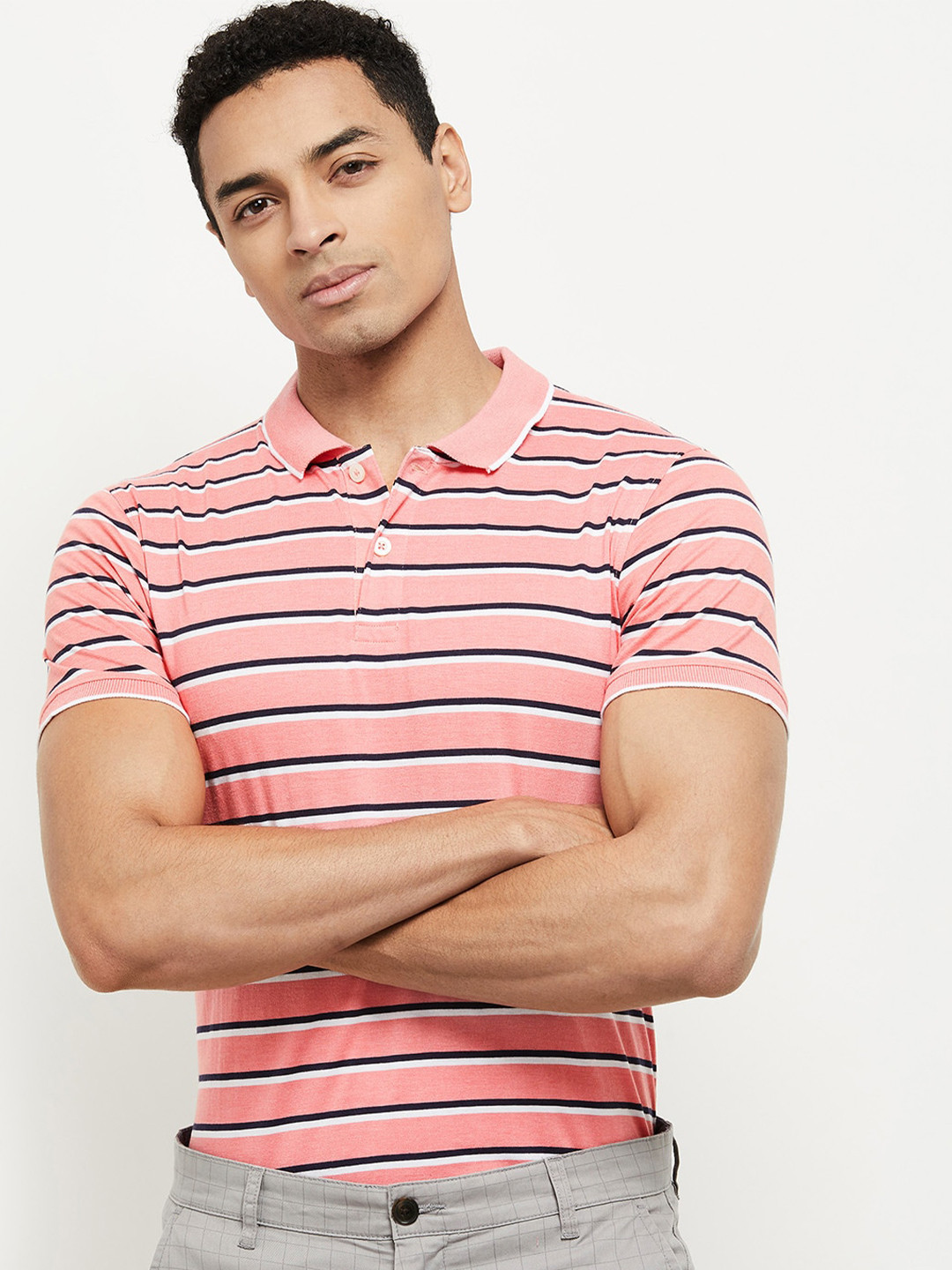 

max Men Pink & Black Striped Polo Collar T-shirt
