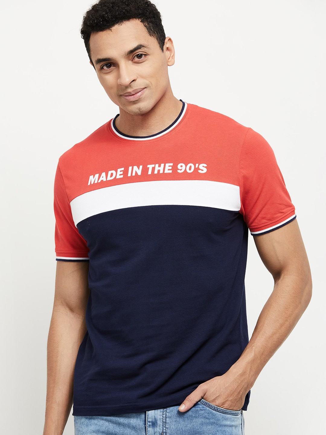 

max Men Navy Blue & Red Colourblocked Pure Cotton T-shirt