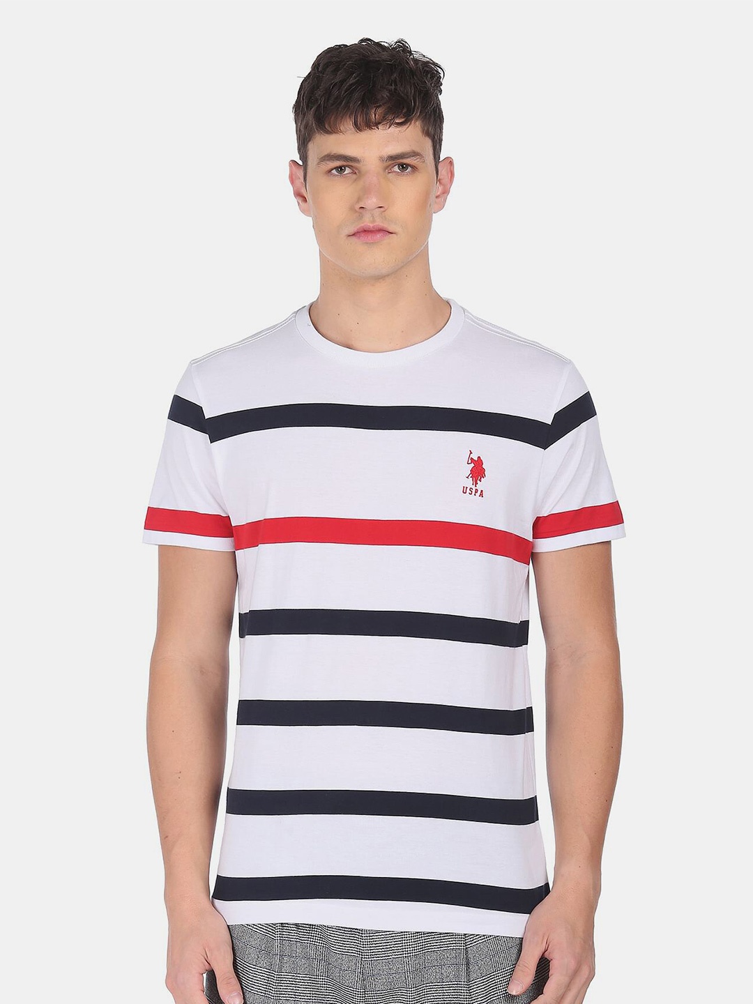 

U.S. Polo Assn. Men White & Navy Blue Striped Pure Cotton T-shirt