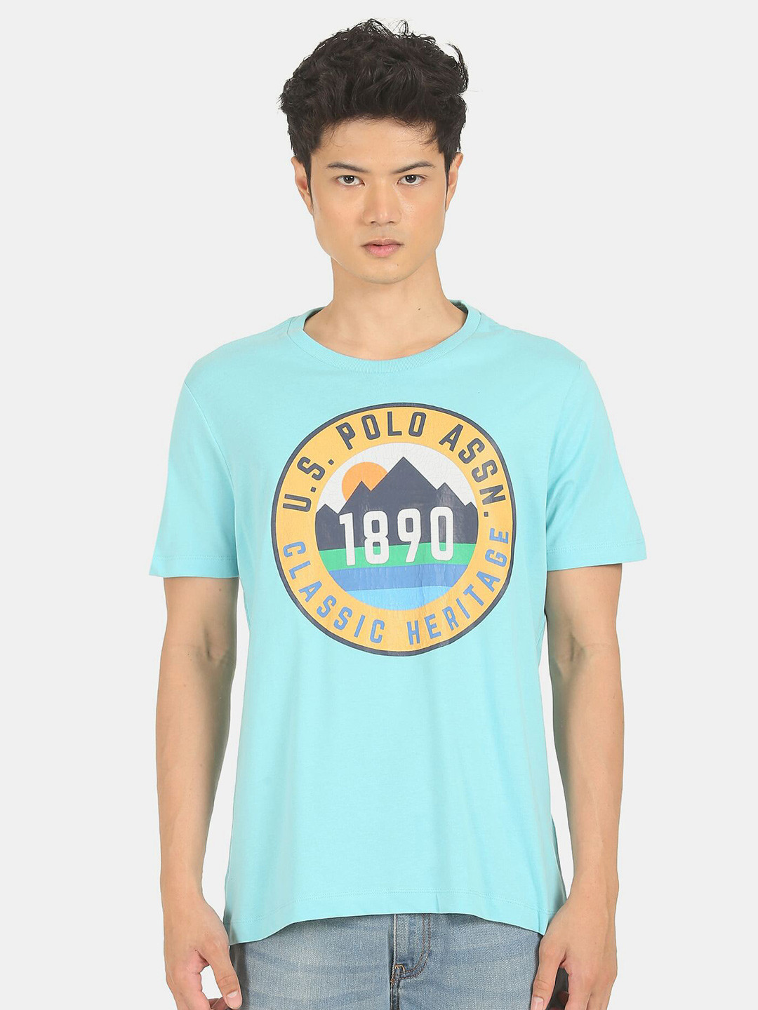 

U.S. Polo Assn. Denim Co. Denim Co. Men Turquoise Blue & Yellow Brand Logo Printed Pure Cotton T-shirt