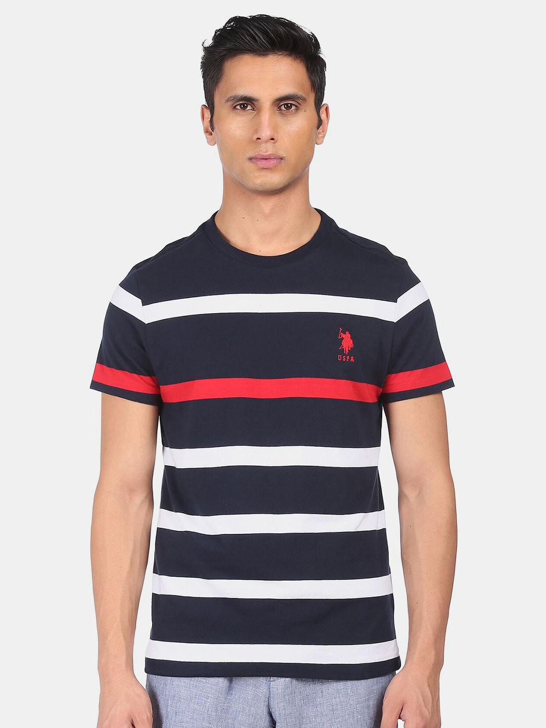 

U.S. Polo Assn. Men Navy Blue & White Striped Pure Cotton T-shirt