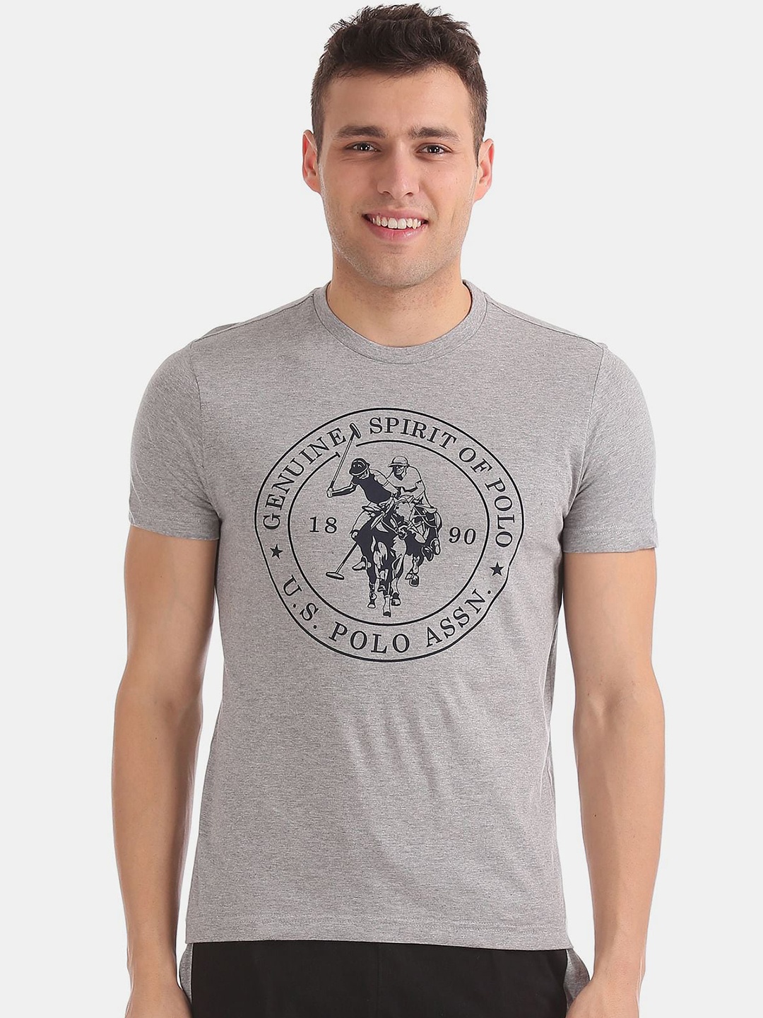 

U.S. Polo Assn. Men Grey & Black Brand Logo Printed Pure Cotton T-shirt