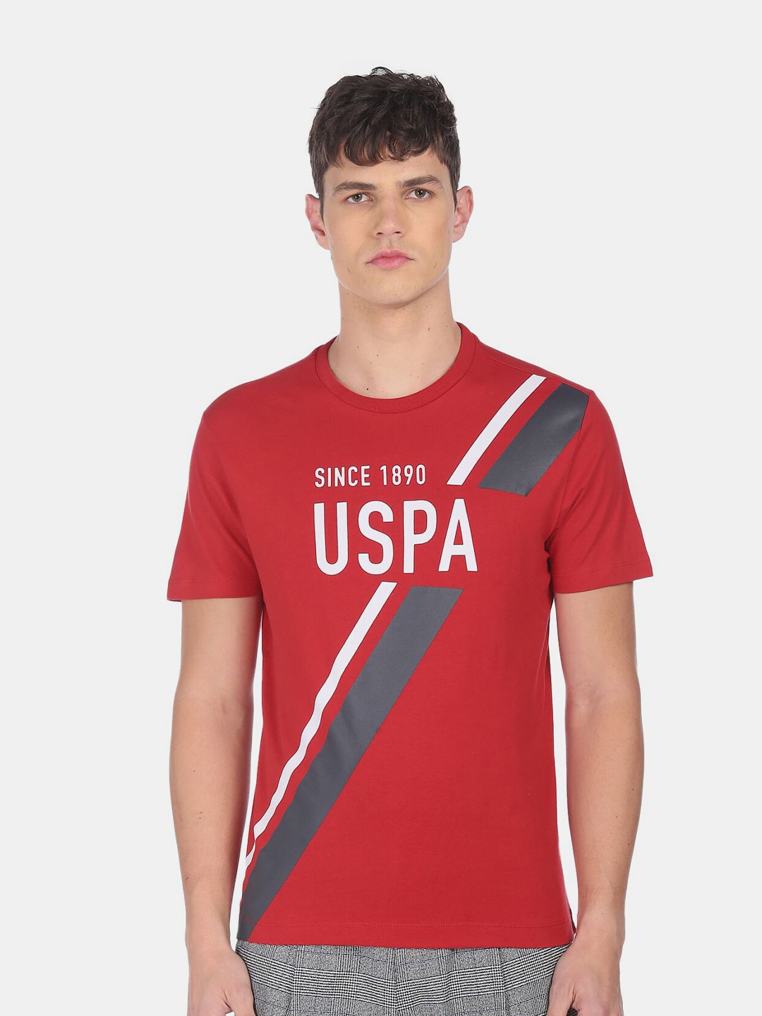 

U.S. Polo Assn. Men Red & White Brand Logo Printed Pure Cotton T-shirt