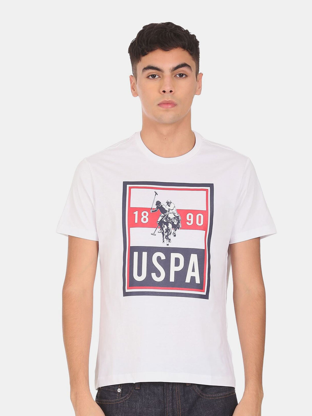 

U.S. Polo Assn. Men White & Navy Blue Brand Logo Printed Pure Cotton T-shirt