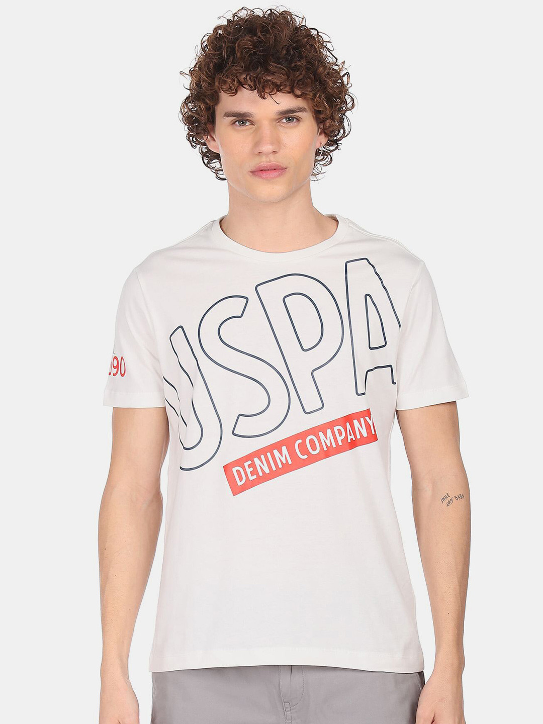 

U.S. Polo Assn. Denim Co. Men White & Blue Brand Logo Printed Pure Cotton T-shirt