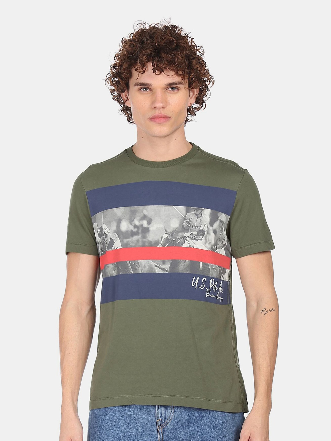 

U.S. Polo Assn. Denim Co. Men Olive Green & Grey Printed Pure Cotton T-shirt