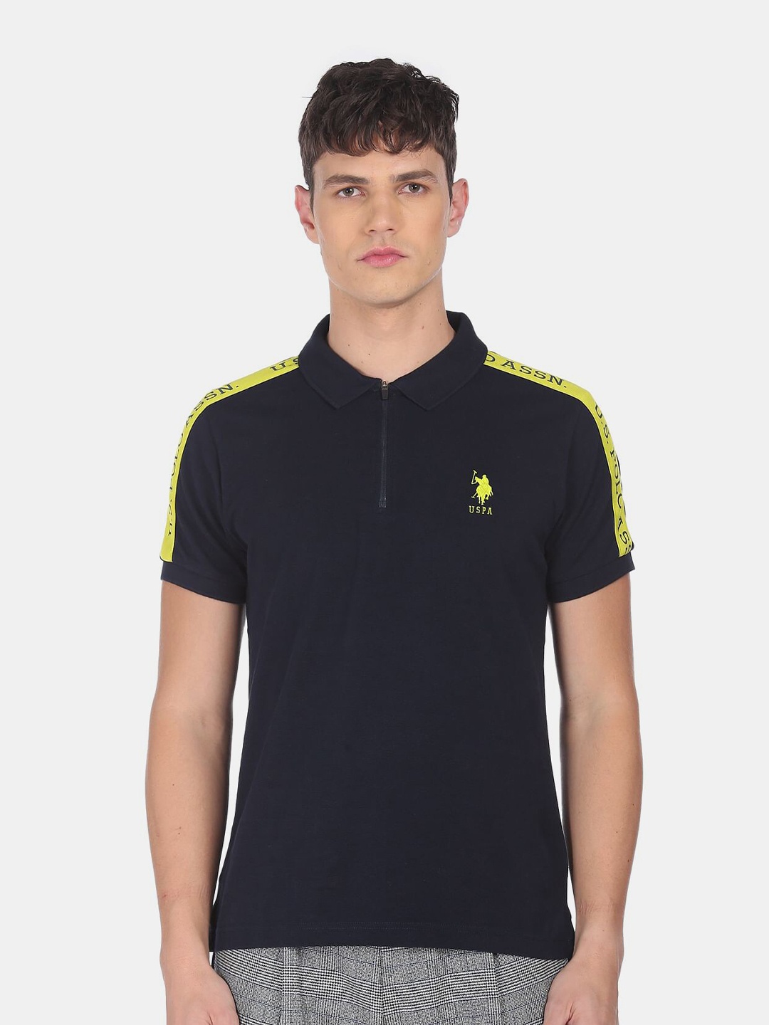 

U.S. Polo Assn. Men Navy Blue & Yellow Brand Logo Polo Collar Pure Cotton T-shirt