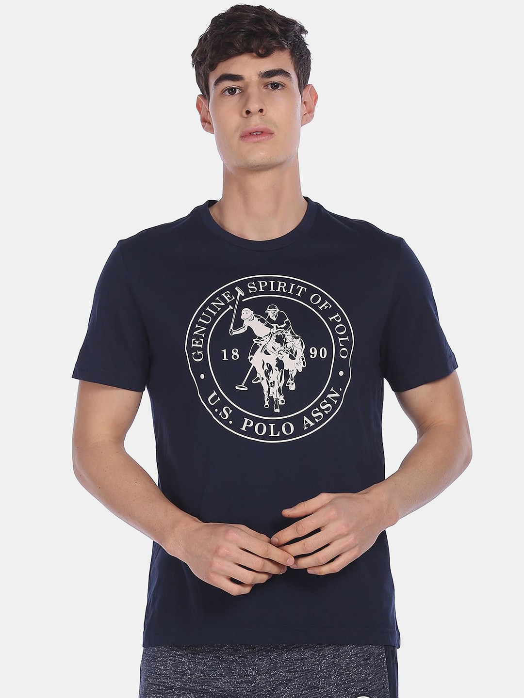 

U.S. Polo Assn. Men Navy Blue & White Brand Logo Printed Pure Cotton T-shirt