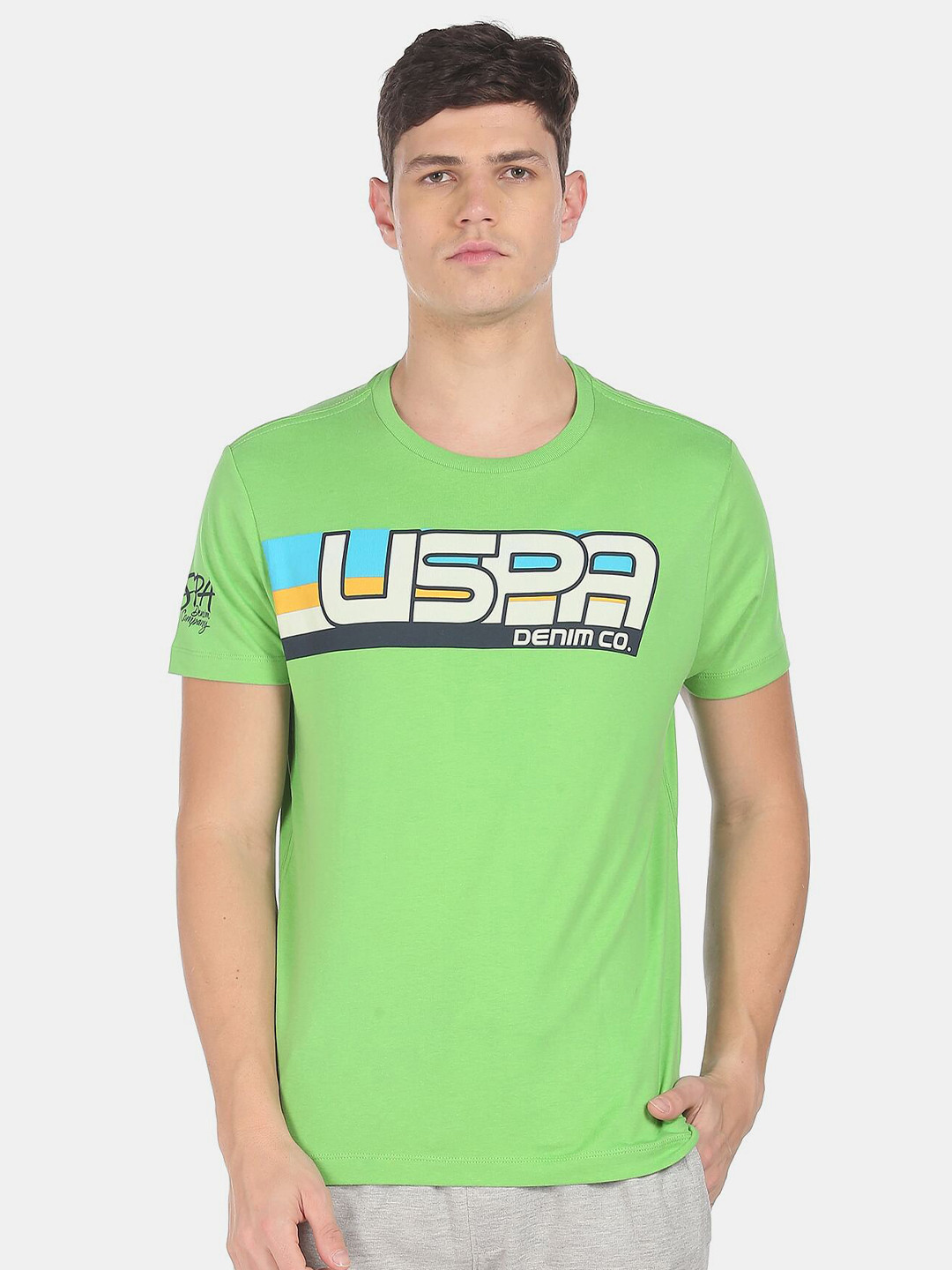 

U.S. Polo Assn. Denim Co. Men Green & White Brand Logo Printed Pure Cotton T-shirt