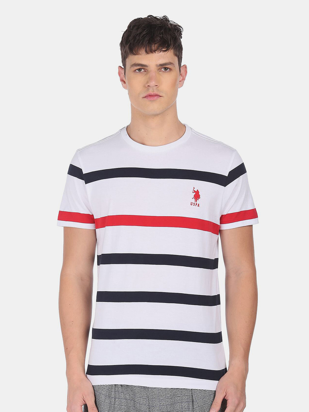 

U.S. Polo Assn. Men White & Navy Blue Striped Pure Cotton T-shirt