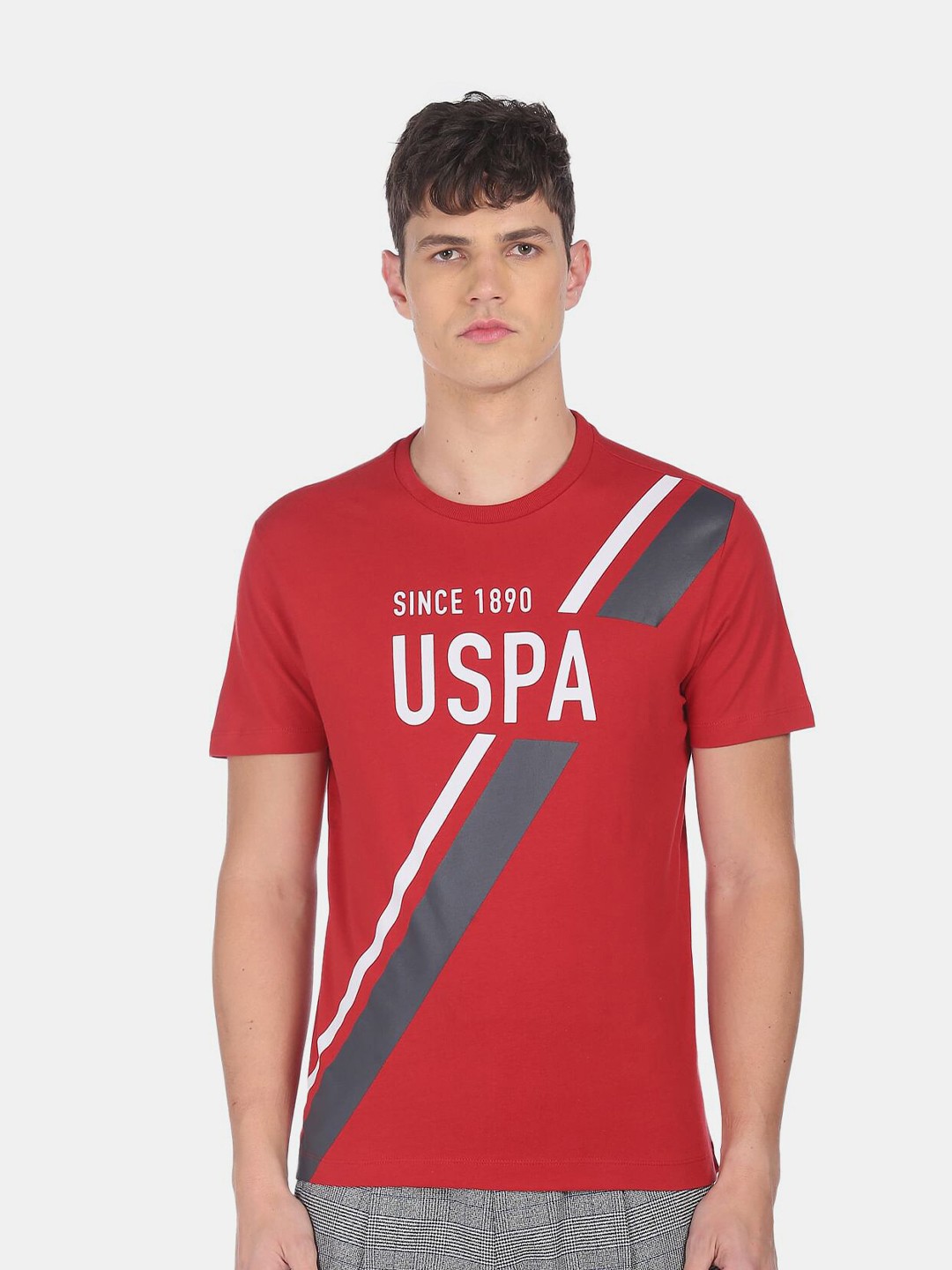 

U S Polo Assn Men Red Typography Printed Pure Cotton T-shirt