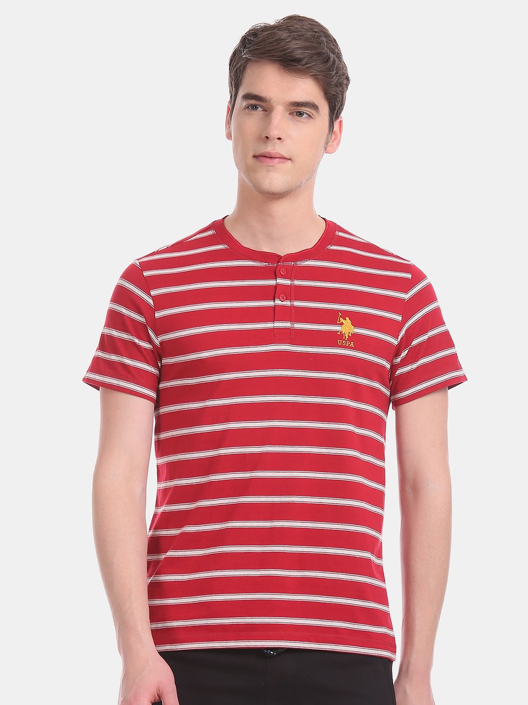 

U S Polo Assn Men Red Striped Henley Neck T-shirt