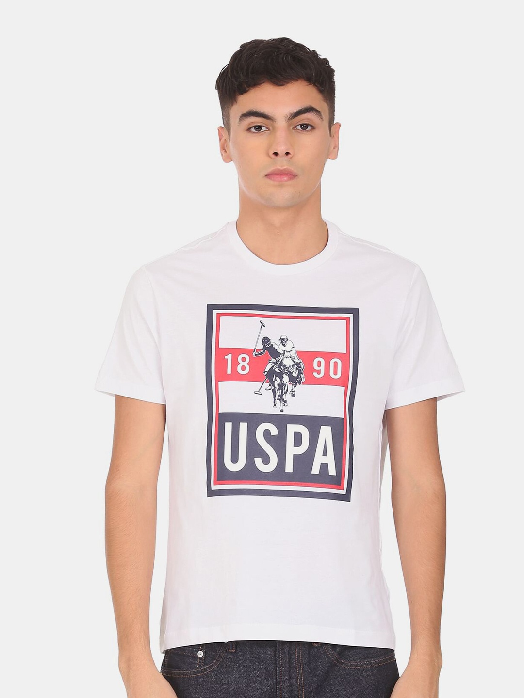 

U.S. Polo Assn. Men White & Navy Blue Typography Printed Pure Cotton T-shirt