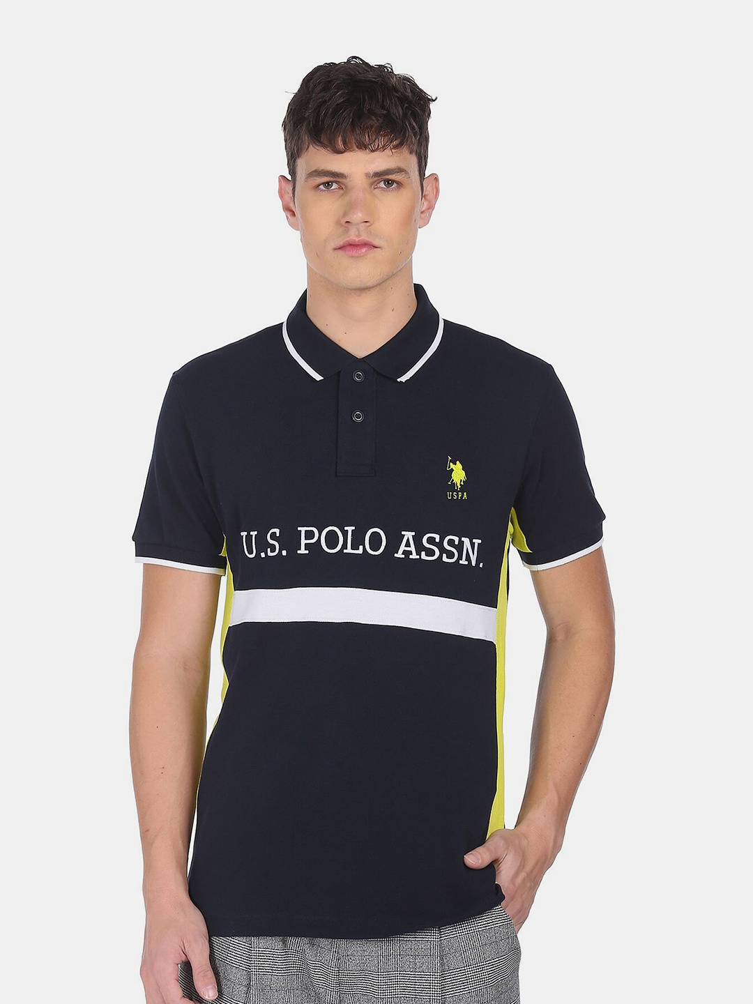 

U.S. Polo Assn. Men Navy Blue Brand Logo Embroidered Pure Cotton Polo Collar T-shirt